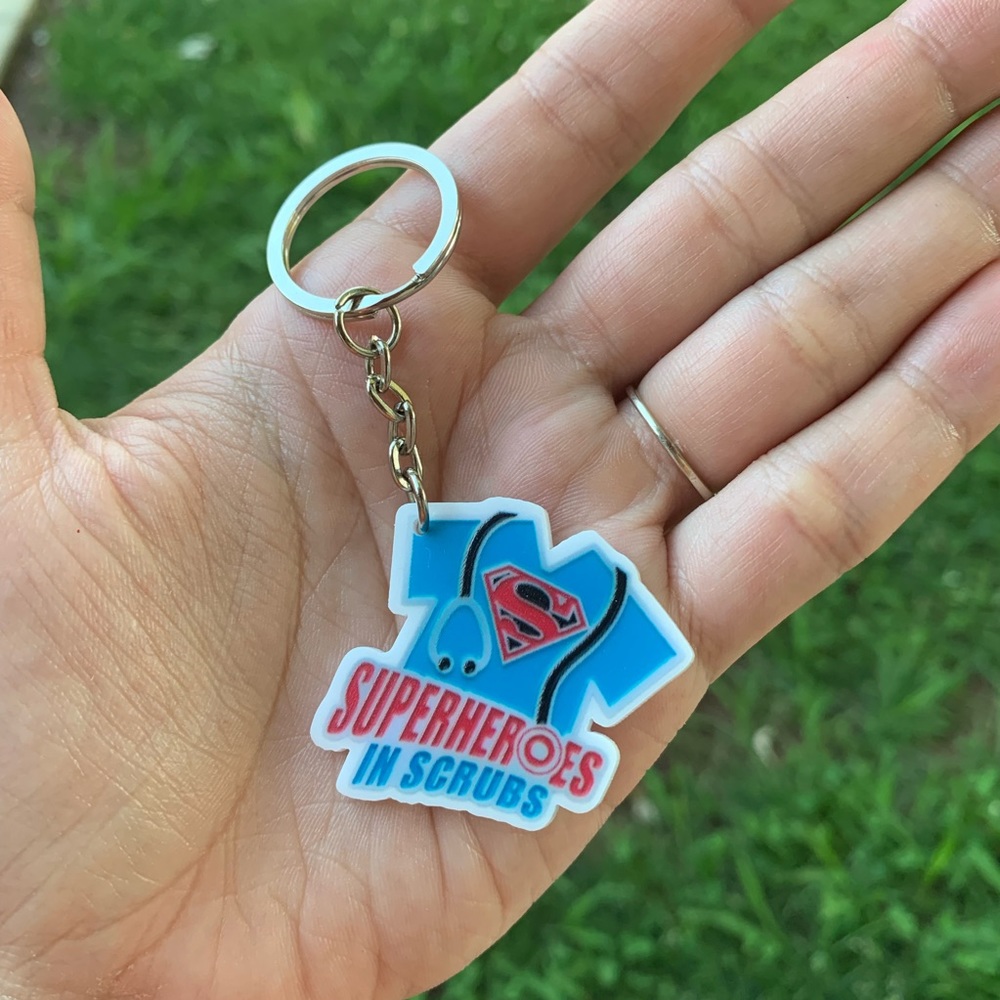 Superheroes In Scrubs Blue Keychain